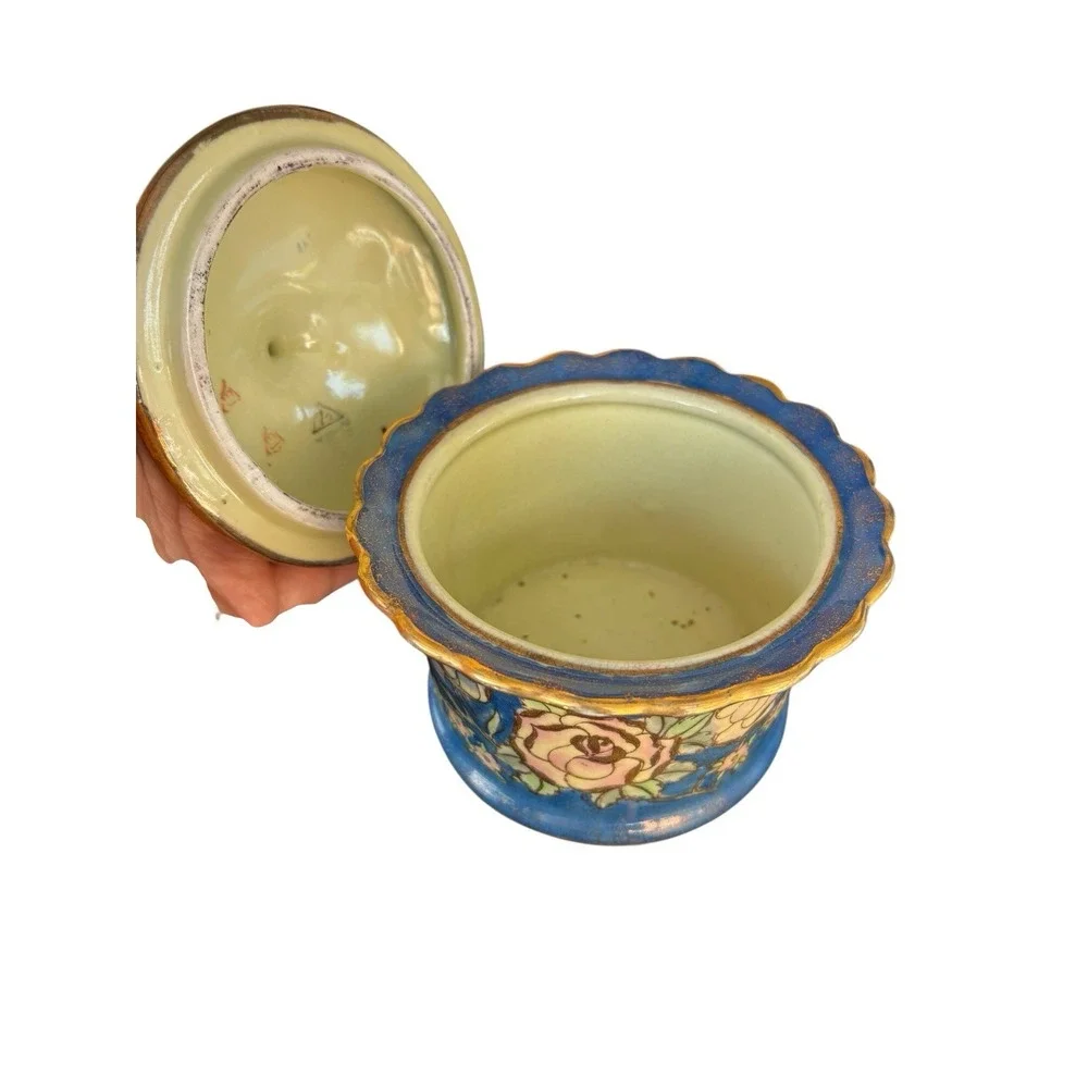 Cloisonné Lidded Ginger Jar Blue  Flowers Vintage‎